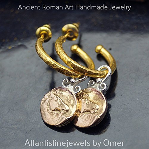 Hoop Earrings W/ Horse Charm 24k Gold over 925 Fine Silver By Omer Hammered Work Ancient Roman Jewelry