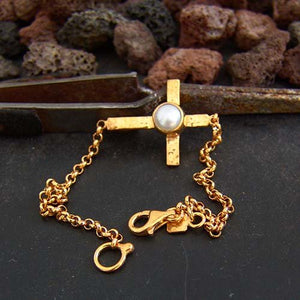 Sterling Silver Cross Pearl Bracelet 24k Gold Plated Omer Designer Handmade