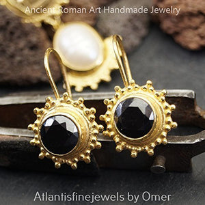 Turkish Black Onyx Earrings Handmade Designer Jewelry By Omer 925 Sterling Silver 24 k Yellow Gold Plated