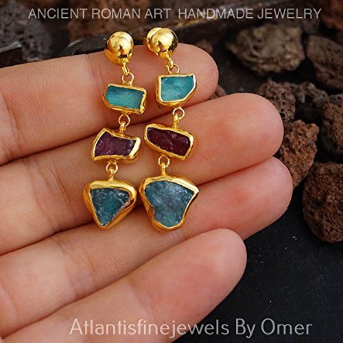 Omer Unique Rough  Ruby & Apatite Dangle Earrings 24 k Gold Over Sterling Silver