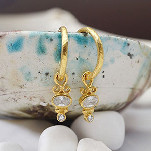 Anatolian Hammered Hoop Earrings & Topaz Charms 24 k Yellow Gold Over 925 Silver