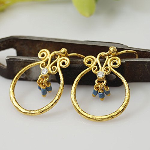 Turkish Lapis Charm Earrings Handmade Designer Jewelry By Omer 925 Sterling Silver 24 k Yellow Gold Plated