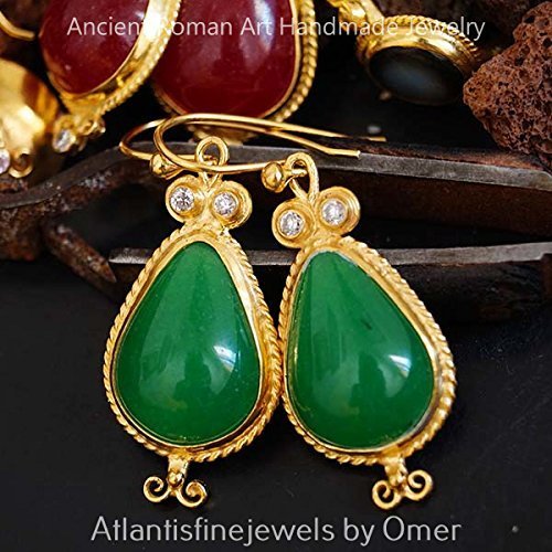 Turkish Green Jade Earrings Handmade Designer Jewelry By Omer 925 Sterling Silver 24 k Yellow Gold Plated