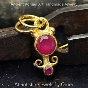 Red Topaz Small Pendant Sterling Silver 24k Yellow Gold Plated Handmade Turkish