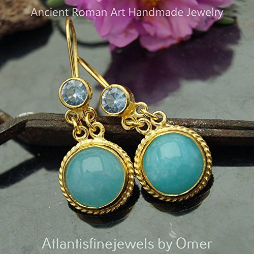 Turkish Blue Topaz Earrings Handmade Designer Jewelry By Omer 925 Sterling Silver 24 k Yellow Gold Plated