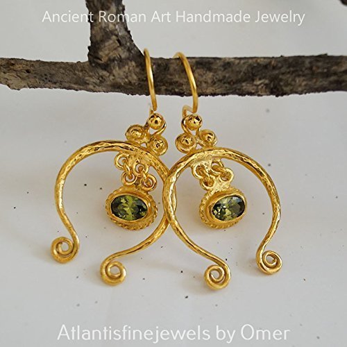 Turkish Charm Peridot Earrings Handmade Designer Jewelry By Omer 925 Sterling Silver 24 k Yellow Gold Plated