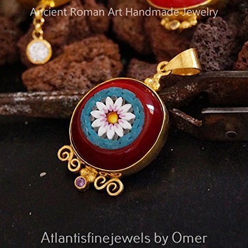 Roman Art Unique Micro Mosaic Amethyst Pendant 24k Gold Over 925 Silver By Omer