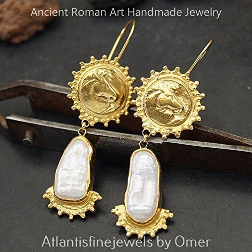 Turkish Pearl & Bronze Coin Earrings Handmade Designer Jewelry By Omer 925 Sterling Silver 24 k Yellow Gold Plated