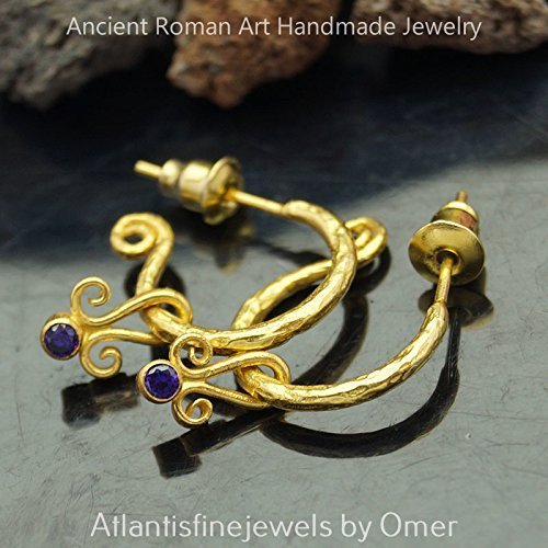 Hammered Small Hoop Earrings W/ Amethyst Charm 24k Gold over 925 Silver By Omer