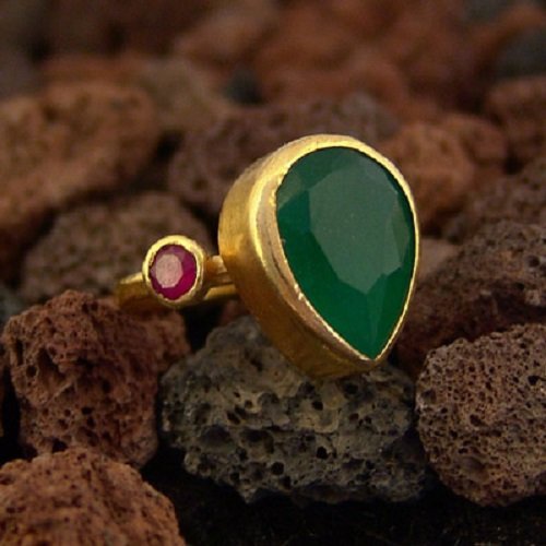 Turkish Handmade Green Jade Ring 925 Sterling Silver 24 k Yellow Gold Plated