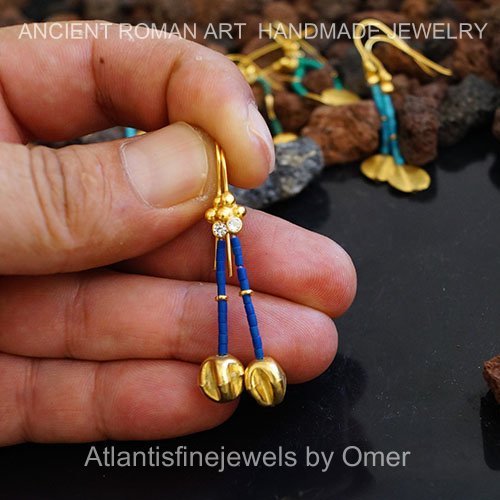 Handmade Ancient Art Troy Lapis Earrings By Omer 24k Gold over 925k Silver
