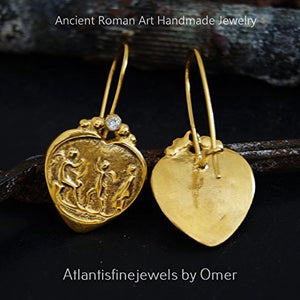 Omer Handmade Heart Shape Roman Art Silver Coin Earrings W/Topaz 24K Vermeil