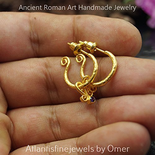 Hammered Small Hoop Earrings W/ Amethyst Charm 24k Gold over 925 Silver By Omer