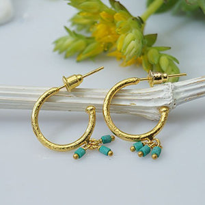 Omer 925 k Sterling Silver Hammered Elegant Hoop Gold Earrings Turquoise Charms