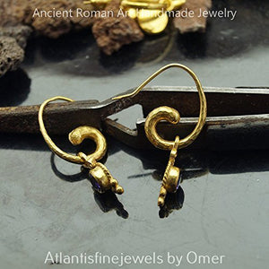 Horn Earrings W/ Amethyst Charm 24k Gold over 925 k Sterling Silver Handcrafted Turkish Fine Jewelry