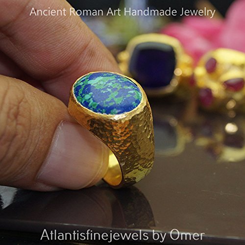 Turkish Hammered Turquoise Ring 925 Sterling Silver 24 k Yellow Gold Plated