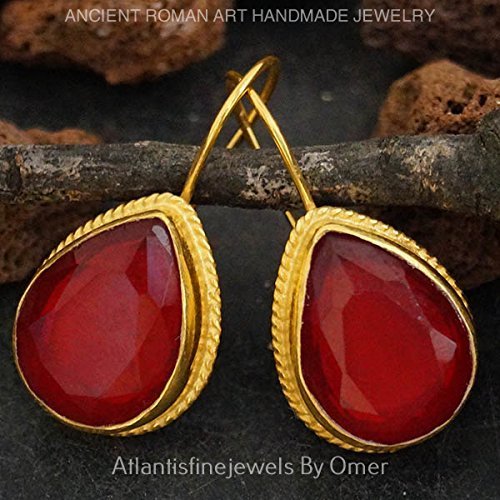 Turkish Red Jade Earrings Handmade Designer Jewelry By Omer 925 Sterling Silver 24 k Yellow Gold Plated