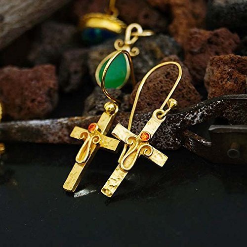 Omer 925 Silver Ancient Roman Art Handmade Cross Gold Earrings W/ Orange Topaz
