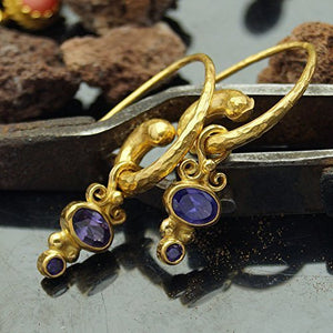 Hammered Horn Earrings Amethyst Charm 24k Gold over 925 Silver Design By Omer