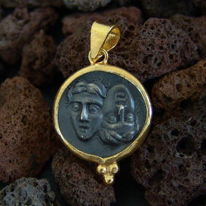Handmade Greek Art Coin Pendant 24k Yellow Gold Over Sterling Silver By Omer