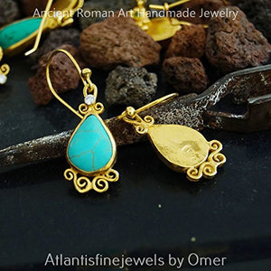 Handmade Designer Turquoise Earrings W/ Topaz 24 k Gold Over 925 k Silver By Omer