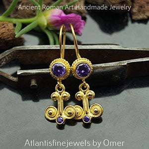 Turkish Amethyst Earrings Handmade Designer Jewelry By Omer 925 Sterling Silver 24 k Yellow Gold Plated
