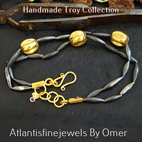 2 Tone Sterling Silver Handmade Ancient Troy Grain Bracelet 24k Gold Vermeil & O