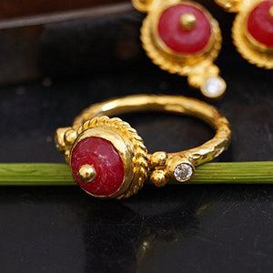 Omer Turkish 925 k Silver Red Jade Handmade Turkish  Ring 24 k Gold Plated