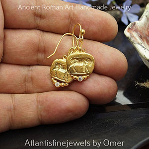 Bull Coin Earrings 925k Silver Roman Art Jewelry BY Omer 24k Yellow Gold Vermeil Turkish Ancient Work