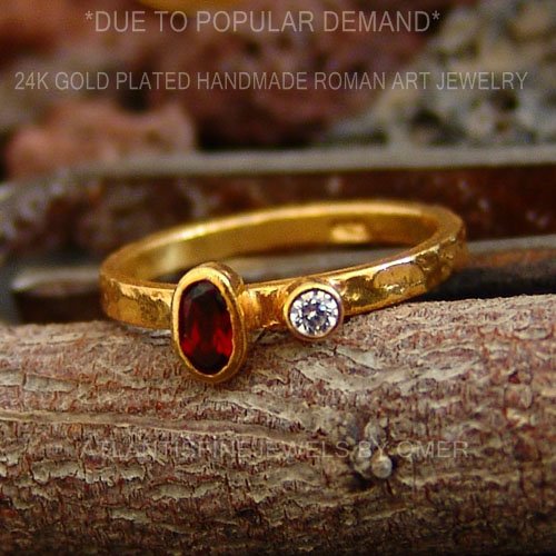 Sterling Silver Handmade Genuine Garnet Ring W/Topaz Hammered Handcrafted Turkis