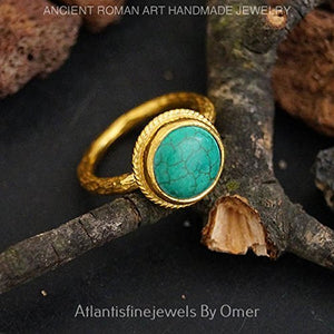 Roman Art Sterling Silver Turquoise Ring Handmade By Omer 24 k Gold Vermeil