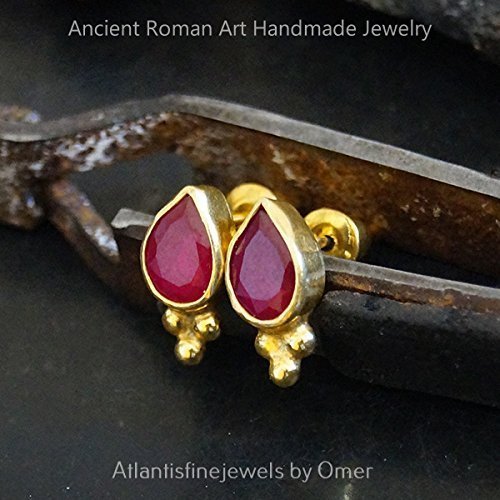 Handmade Designer Ruby Color Stud Earrings 24 k Gold Over 925 k Sterling Silver