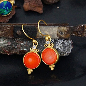 Handmade Roman Art Coral & Topaz Hook Earrings 24k Gold Over 925k Silver By Omer