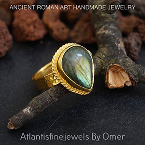 Pear Labradorite Ring 925 k Sterling Silver 24 k Gold Over Handmade By Omer Size
