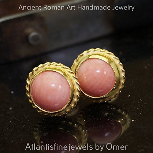 Turkish Coral Stud Earrings Handmade Designer Jewelry By Omer 925 Sterling Silver 24 k Yellow Gold Plated