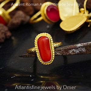 artisan coral stone  jewelry by omer ancient roman hammered ring