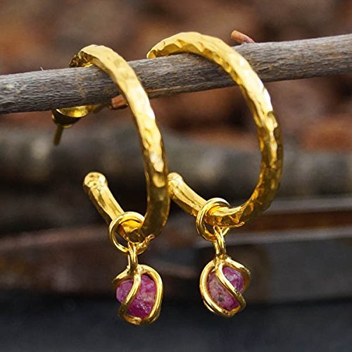 Turkish Ruby Charms Earrings Handmade Designer Jewelry By Omer 925 Sterling Silver 24 k Yellow Gold Plated