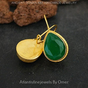 Handmade Large Drop Green Jade Earrings 24 k Gold Over 925 k Silver By Omer