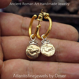 Hoop Earrings W/ Horse Charm 24k Gold over 925 Fine Silver By Omer Hammered Work