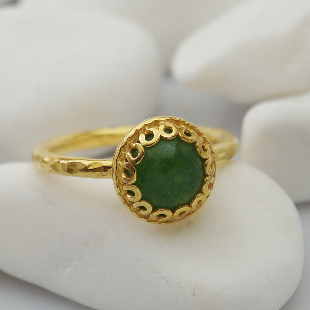 Turkish Green Jade Ring Handmade Designer Jewelry By Omer 925 Sterling Silver 24 k Yellow Gold Plated