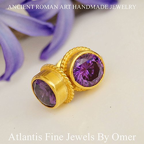 Amethyst Stud Earrings By Omer 24 k Gold Over 925 k Sterling Silver Handmade