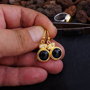 925k Silver Handmade Black Onyx Earrings W/White Topaz 24k Gold Vermeil Omer Turkish Jewelry