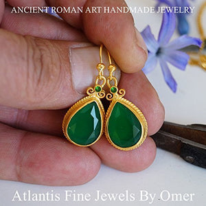 Turkish 925 k Sterling Silver Handmade Large Green Jade Earrings 24k Gold Plated