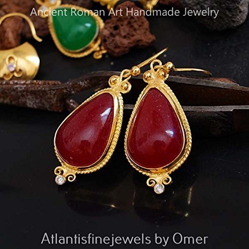 Turkish Red Jade Errings Handmade Designer Jewelry By Omer 925 Sterling Silver 24 k Yellow Gold Plated