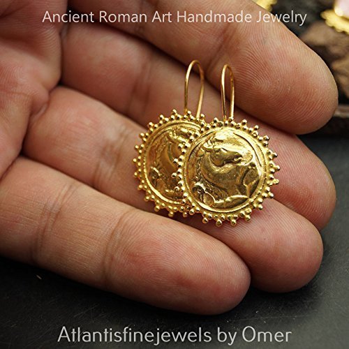 925 Sterling Silver Sun Collection Horse Coin Roman Art Earrings 24k Yellow Gold Plated