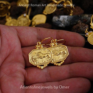 Omer 925k Sterling Silver Handmade Roman Art Yellow Topaz Lion Coin Earrings