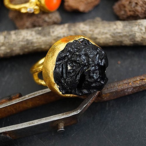 Meteorite Tektite Ring By Omer Handmade Roman Art 24k Gold Over Fine Silver Size