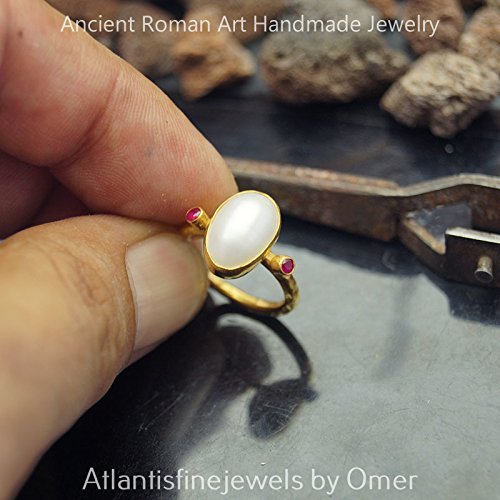 Roman Art Hand Forged Pearl&Ruby Ring By Omer 24k Yellow Gold Over Sterling Silver