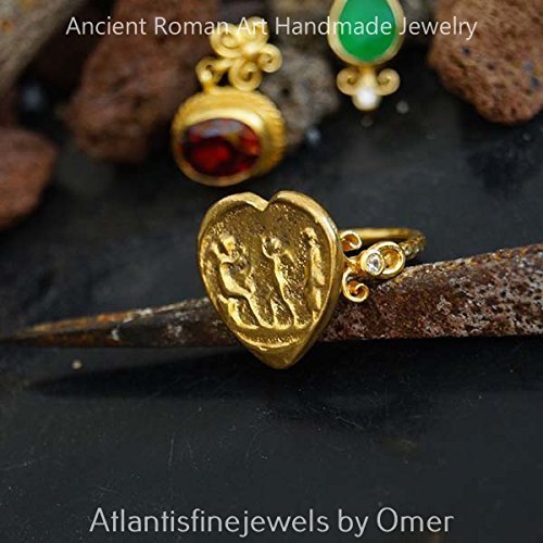 925 k Silver Handmade Roman Art White Topaz Coin Ring By Omer 24 k Gold Vermeil
