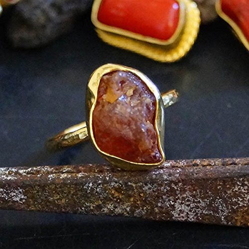  Turkish Rough Garnet Ring Handmade Designer Jewelry By Omer 925 Sterling Silver 24 k Yellow Gold Plated